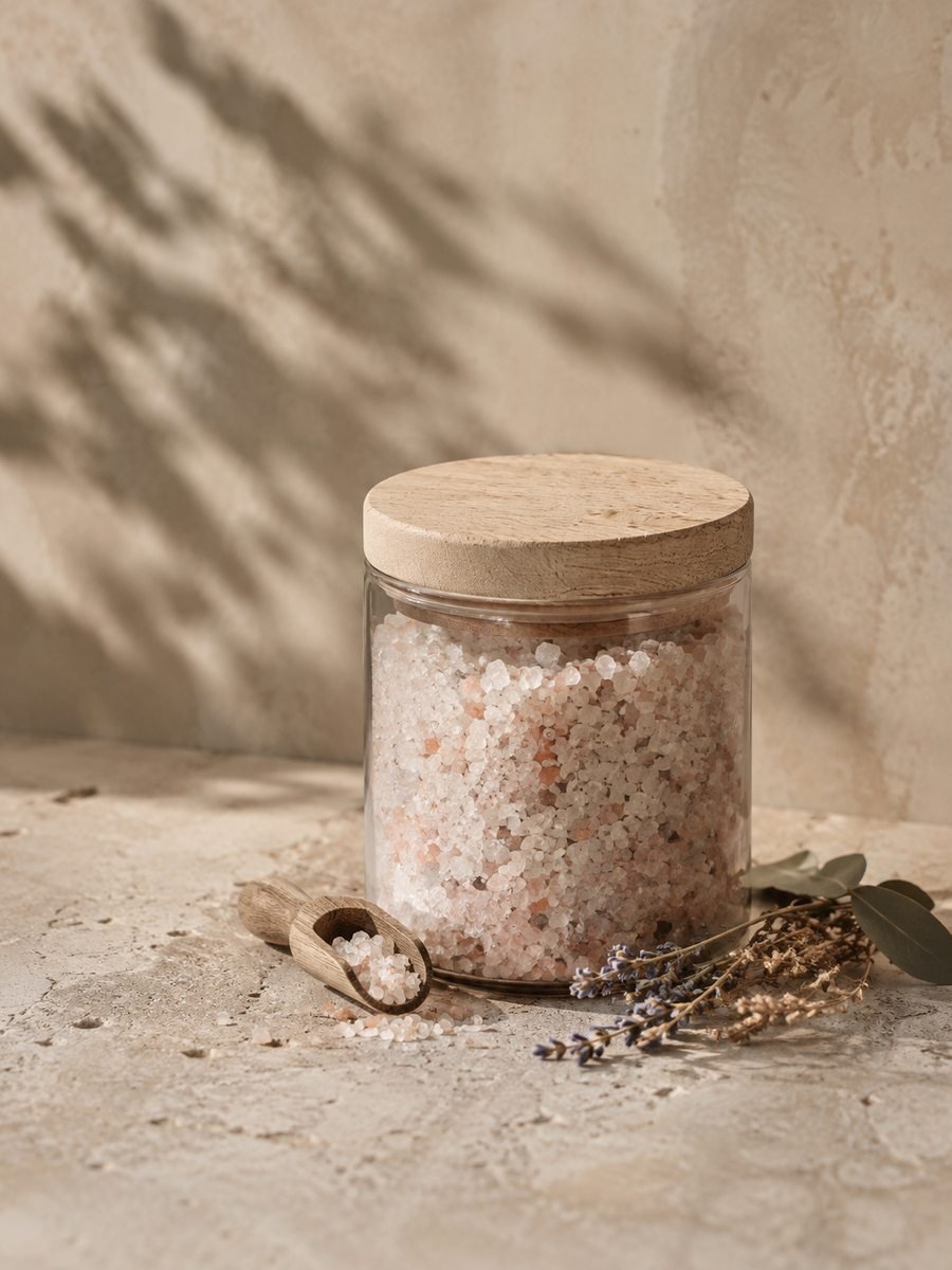 Mineral salts and dried herbs on a warm limestone surface