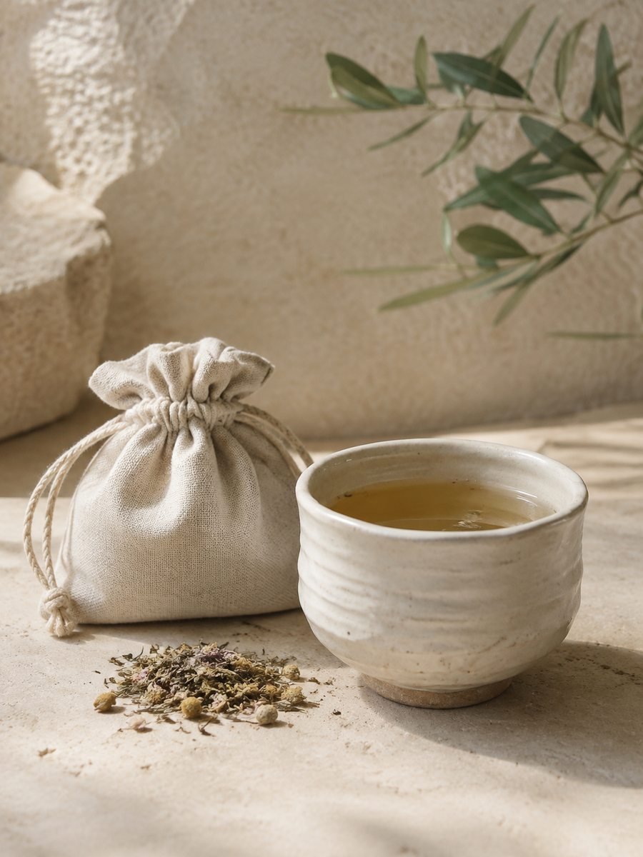 A ceramic cup of tea, loose botanicals, and a linen pouch in soft natural light